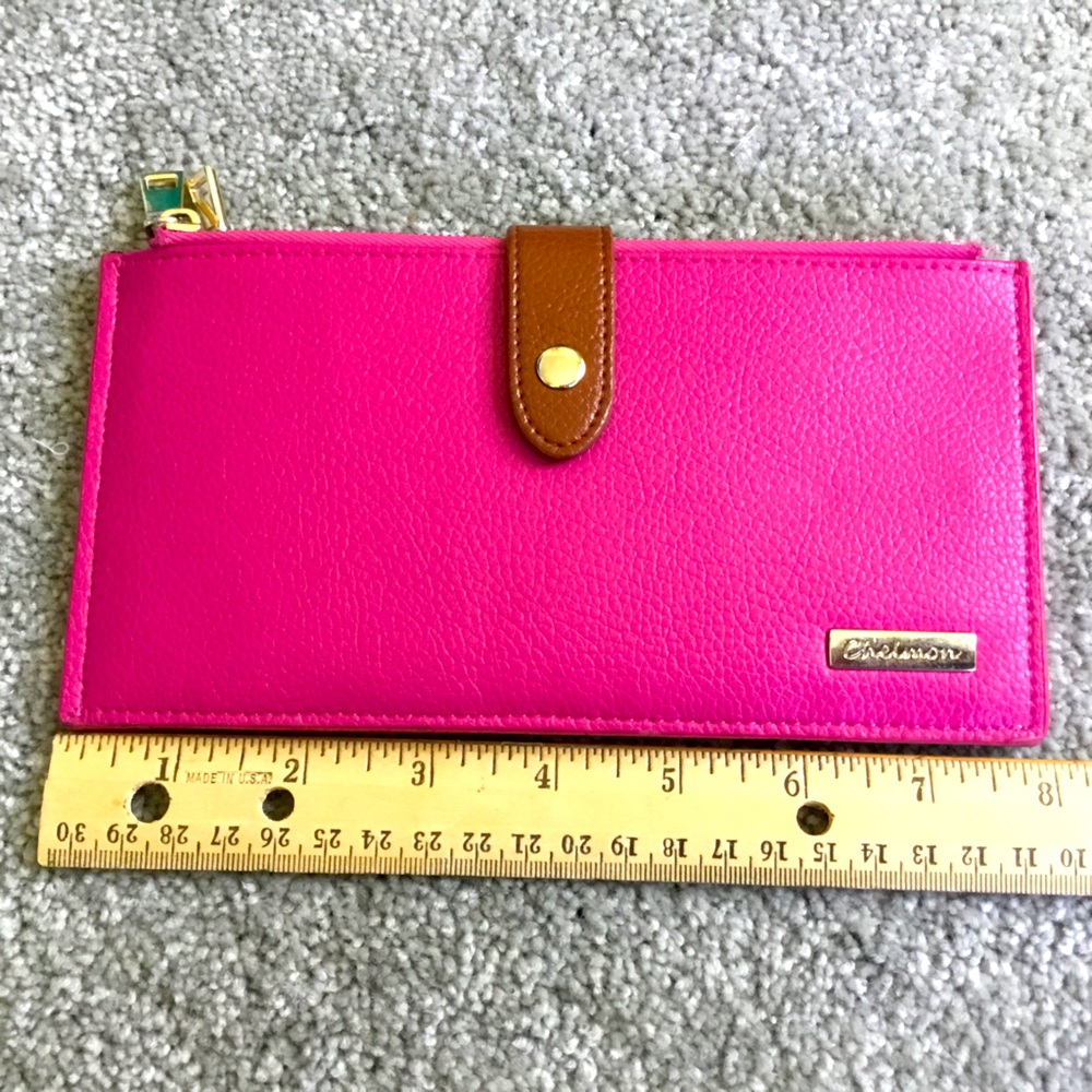 Pink Chelmon Leather Wallet w/two zipper pockets 15” long by 4” wide, opened.